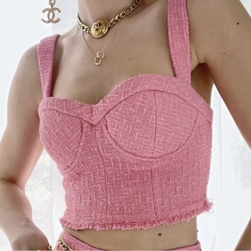 Zara Barbie Pink Textured Tweed Bustier Zip Closure Crop Top Sz XS